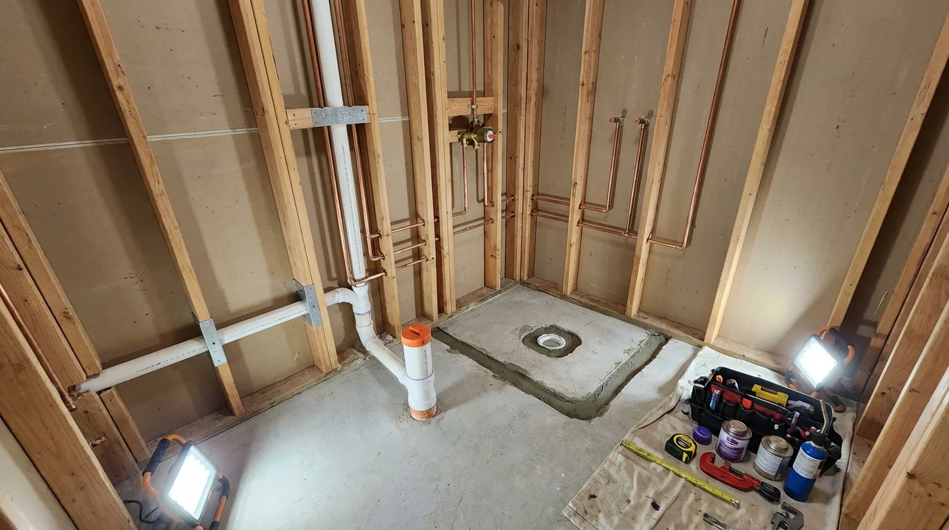 Bathroom rough-in plumbing during remodel by Johns Plumbing LLC in Coopersville