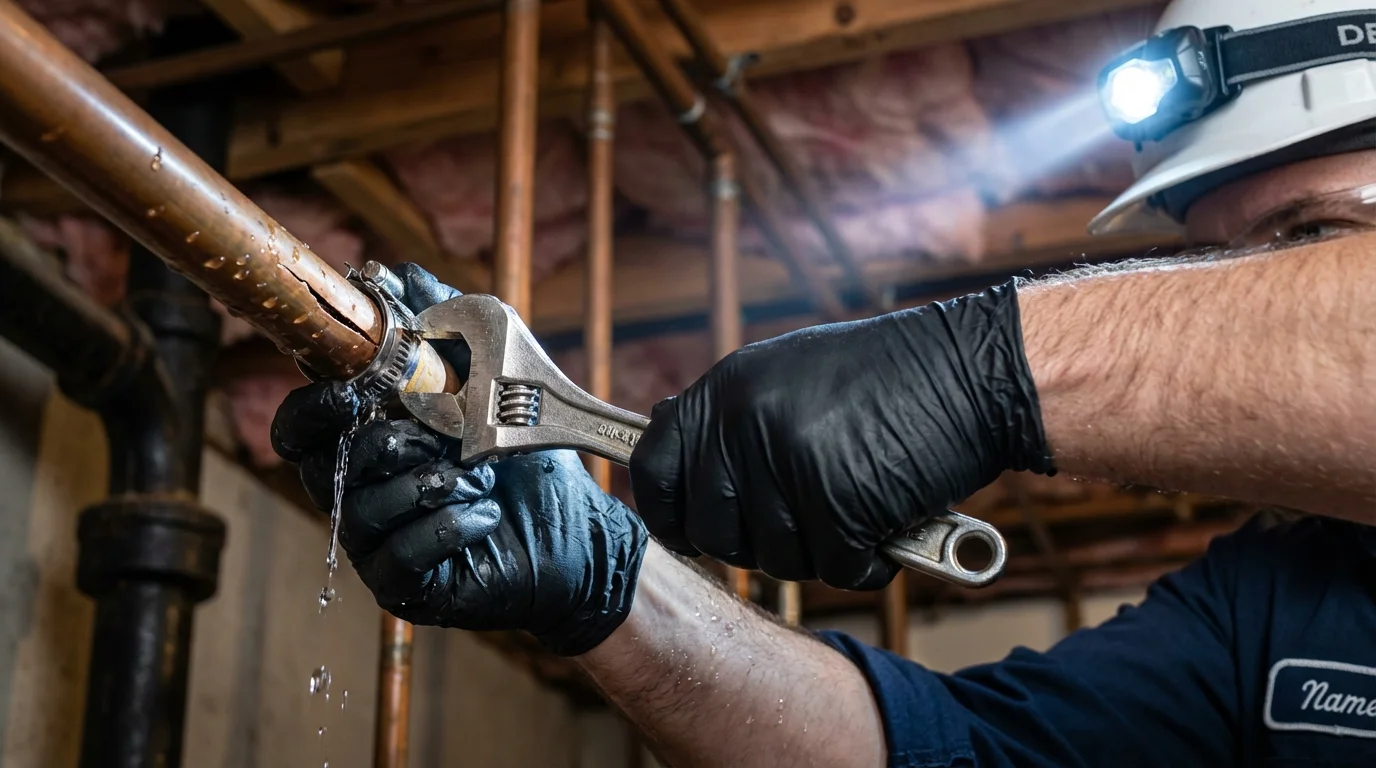 Emergency pipe clamp repair being performed by a Johns Plumbing LLC plumber in Coopersville