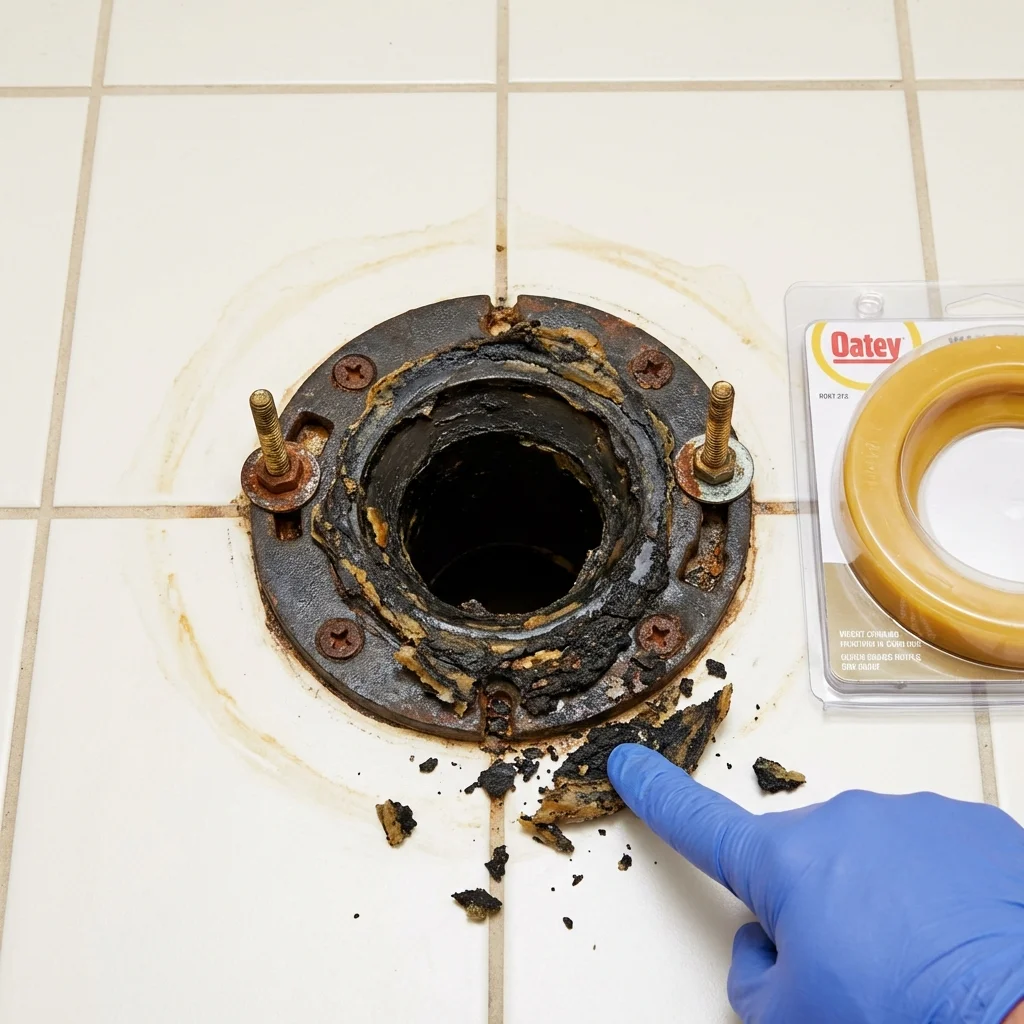 Failed wax ring showing water seepage at the base of a toilet in a Coopersville, MI home