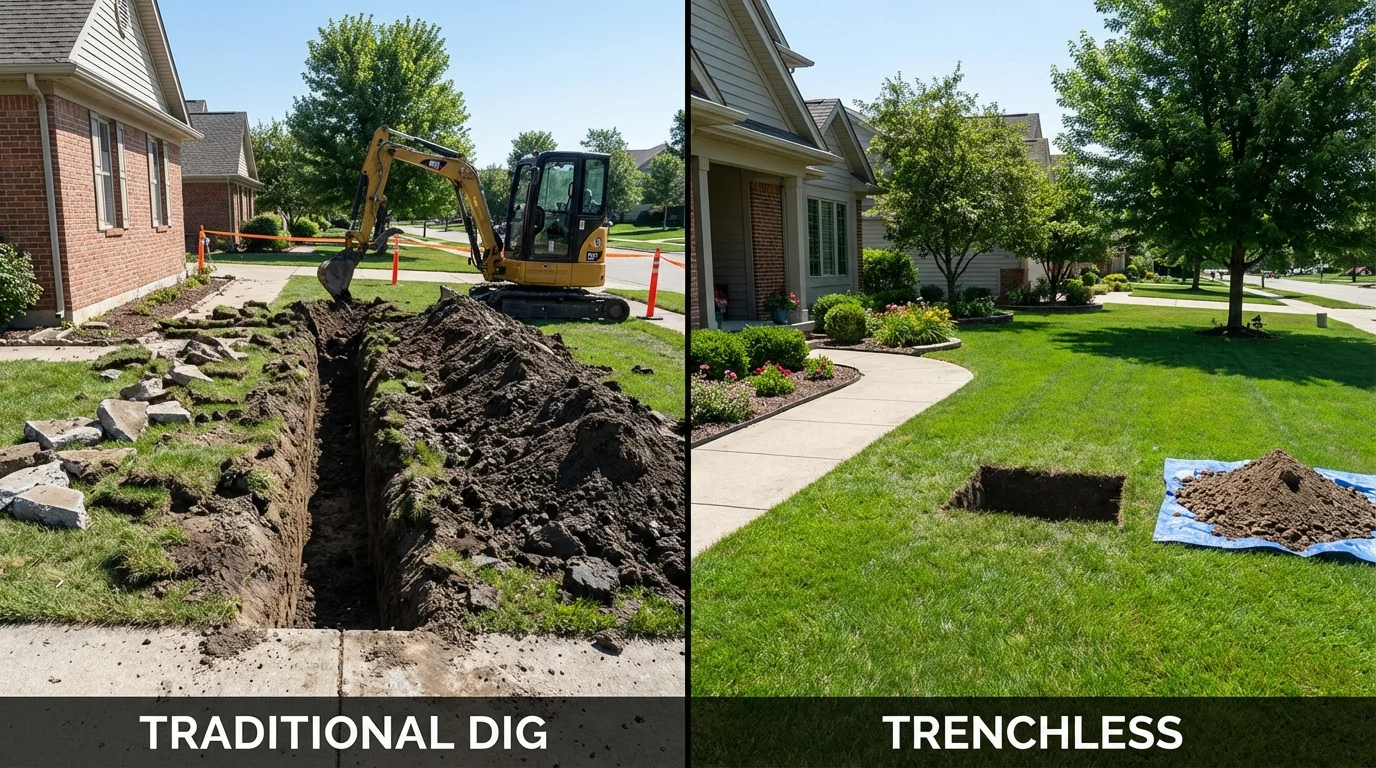 Trenchless sewer repair with minimal yard damage versus traditional excavation in Coopersville, MI