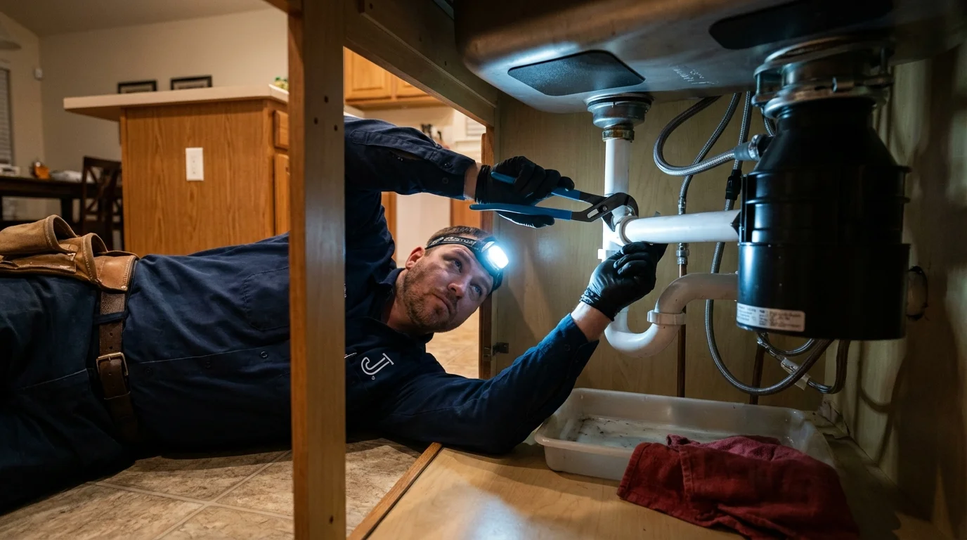 P-trap and supply line connections under a kitchen sink showing a common leak point in Coopersville, MI